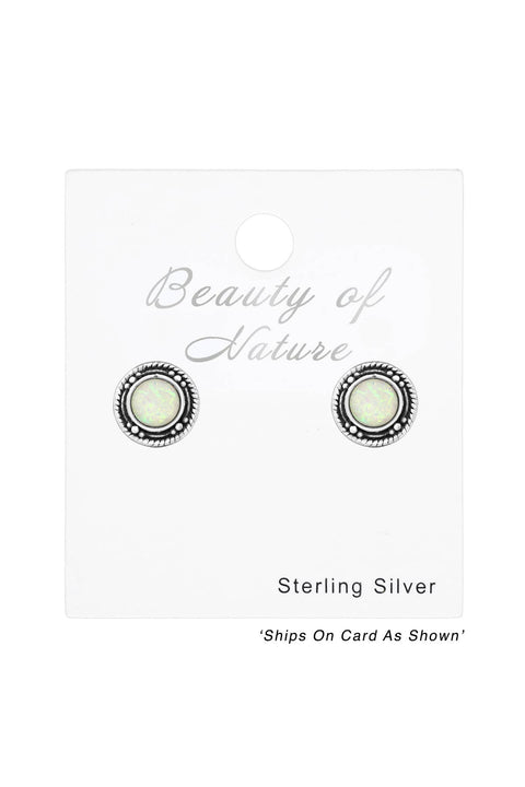 Sterling Silver Round Ear Studs & Synthetic Opal - SS