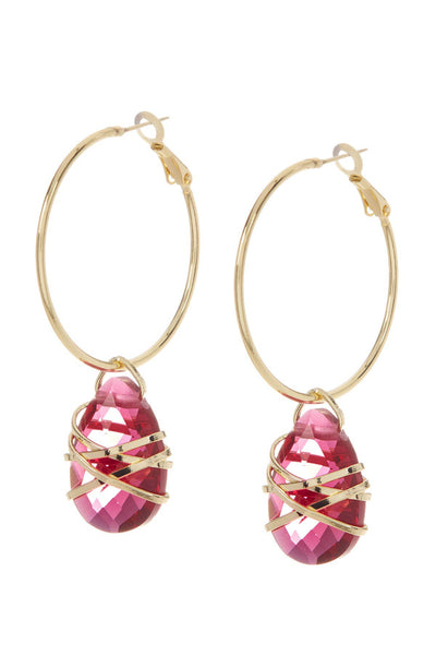 Raspberry Crystal Wrapped Hoop Earrings In Gold - GF