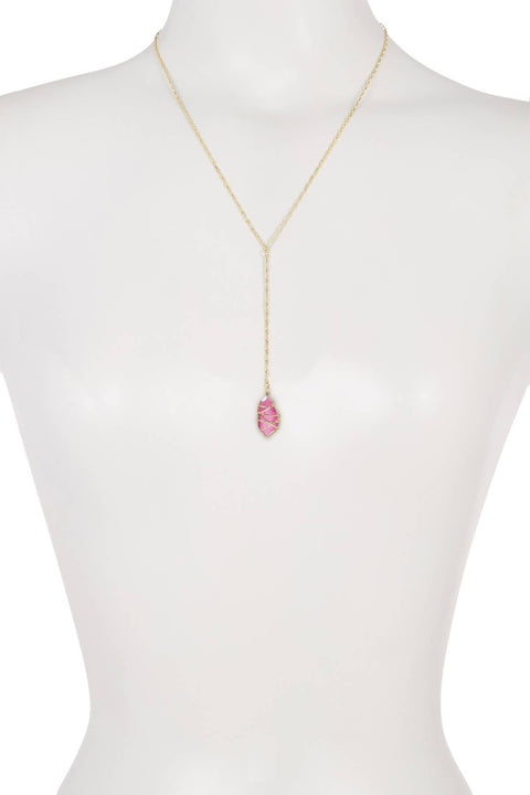 Pink Cat's Eye Wire Wrapped Y Necklace - GF