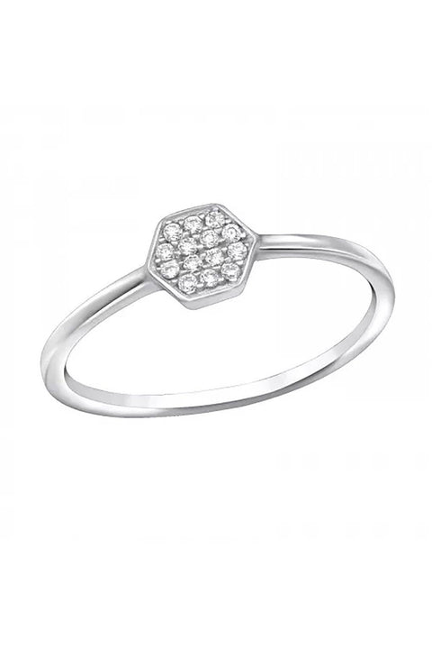 Sterling Silver Hexagon Ring With CZ- SS