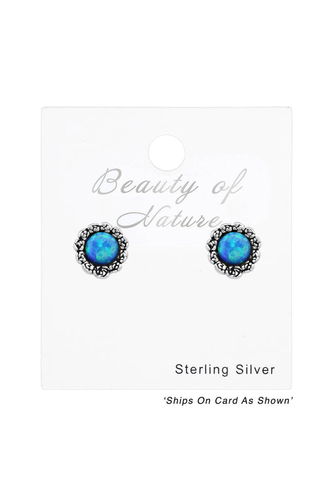 Sterling Silver Flower Ear Studs With Opal - SS
