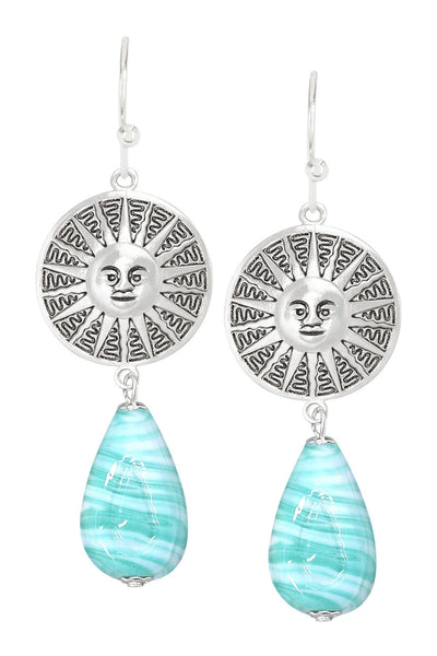 Green Murano Glass & Aztec Sun Drop Earrings - SF
