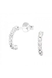 Sterling Silver Half Hoops Ear Studs With Crystal - SS