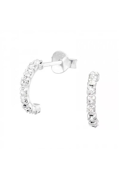Sterling Silver Half Hoops Ear Studs With Crystal - SS