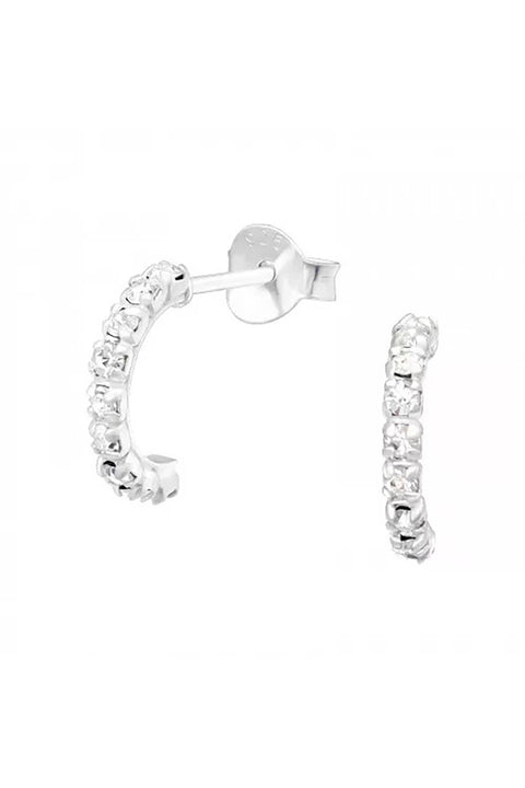 Sterling Silver Half Hoops Ear Studs With Crystal - SS