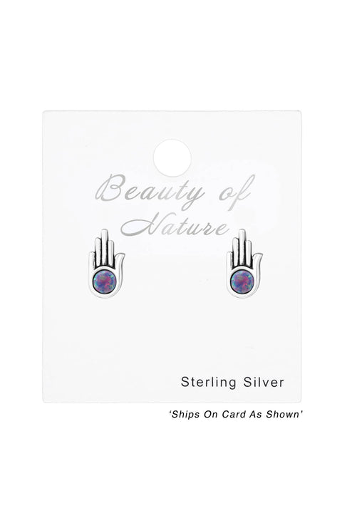 Sterling Silver Hamsa Ear Studs With Opal - SS