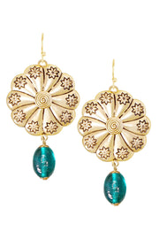 Teal Murano Glass & Hammered Floral Disc Drop Earrings - GF