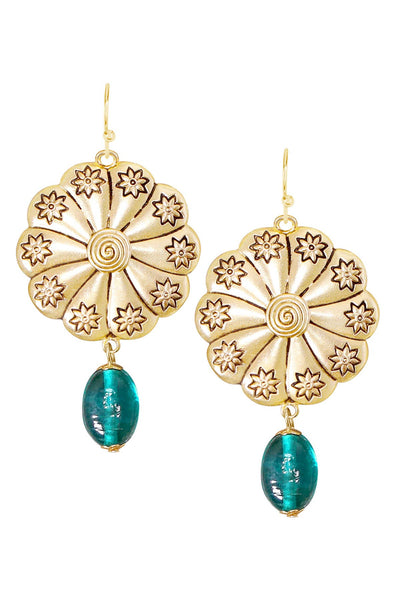 Teal Murano Glass & Hammered Floral Disc Drop Earrings - GF