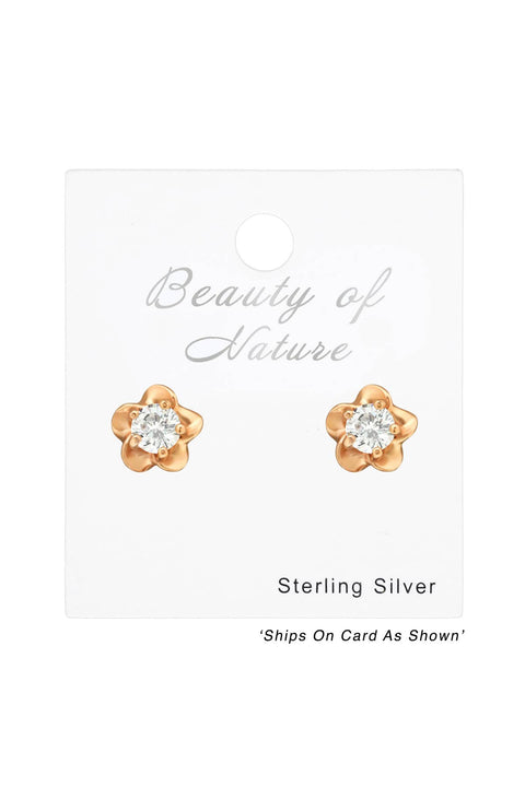 Sterling Silver Flower Ear Studs With Cubic Zirconia - RG
