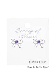 Sterling Silver Birthstone Bow Ear Studs With CZ - SS