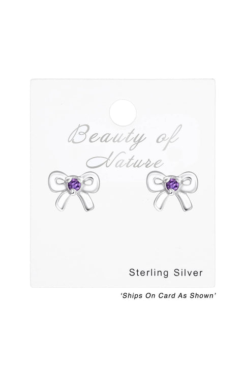 Sterling Silver Birthstone Bow Ear Studs With CZ - SS