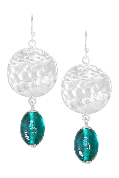 Teal Murano Glass & Hammered Disc Drop Earrings - SF