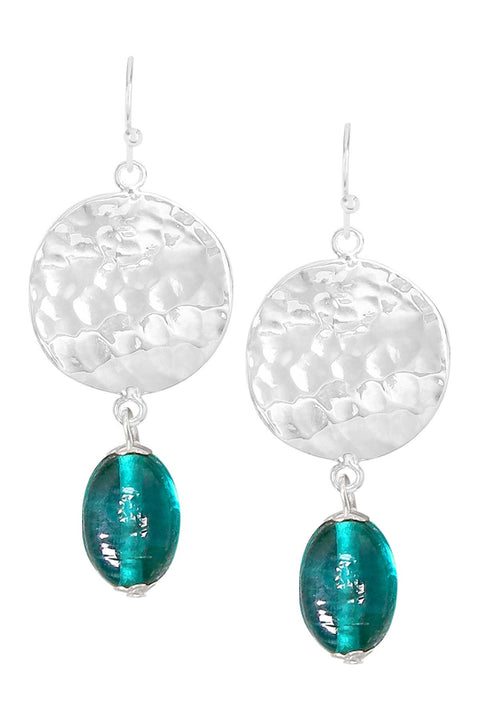 Teal Murano Glass & Hammered Disc Drop Earrings - SF