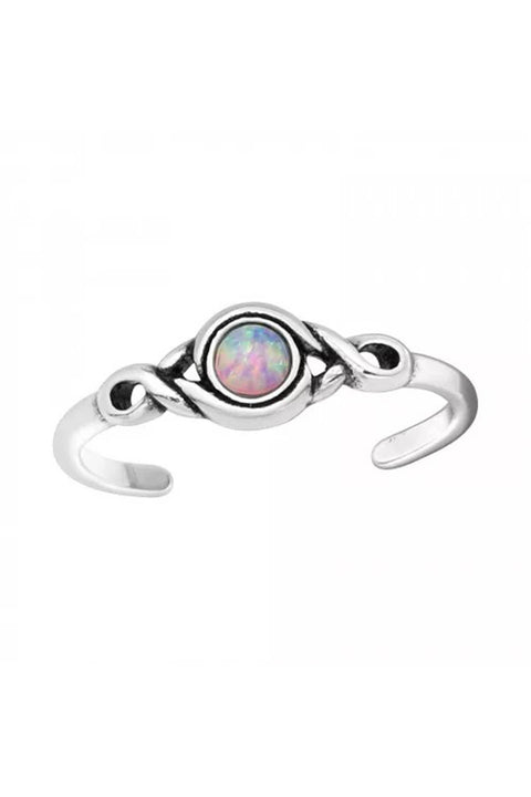 Sterling Silver Patterned Adjustable Toe Ring With Opal - SS