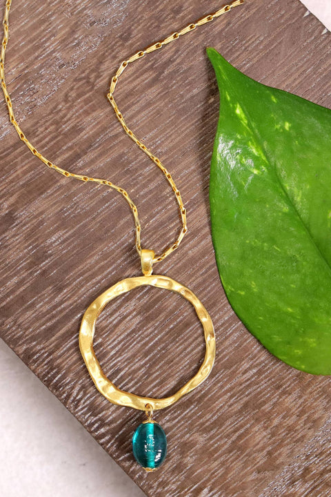 Teal Murano Glass & Hammered Hoop Pendant Necklace - GF