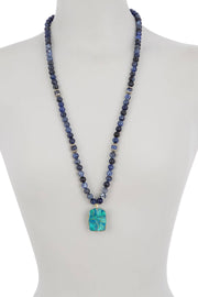Lapis Beads Necklace With Natural Patina Pendant - BR