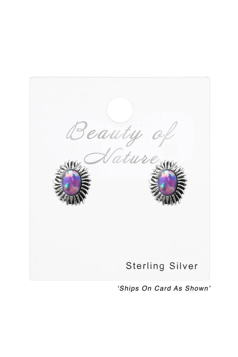 Sterling Silver Flower Ear Studs With Opal - SS