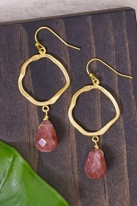 Strawberry Quartz & Orbit Drop Earrings - GF