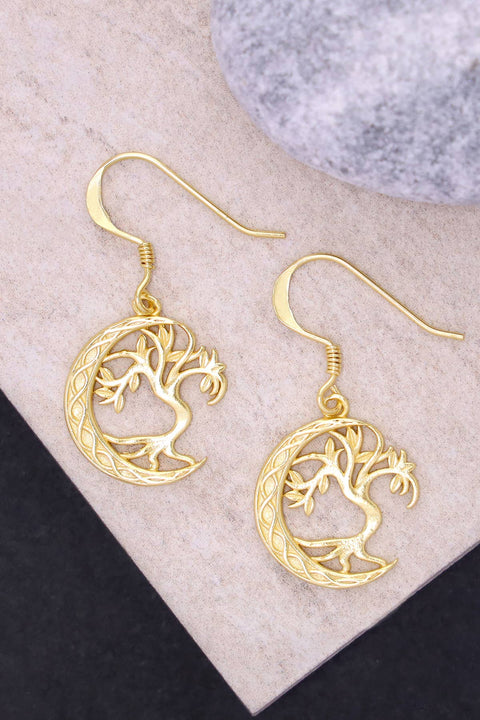 14k Gold Plated Moon & Tree Drop Earrings - GF