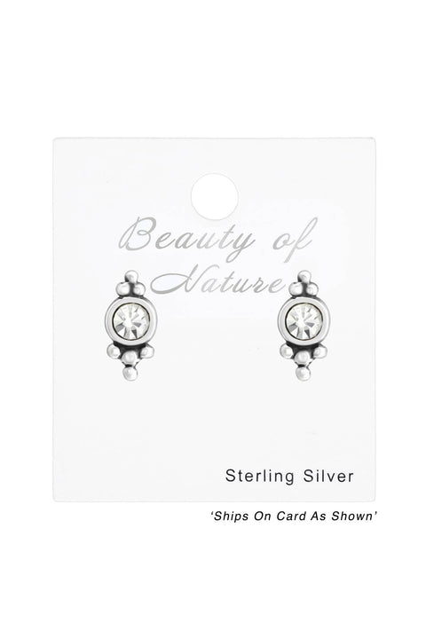 Sterling Silver Antique Ear Studs With Crystal - SS