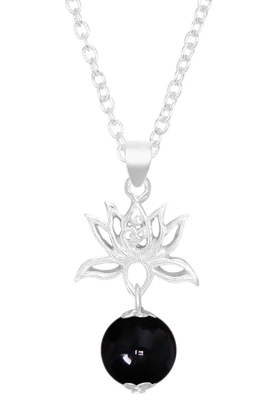 Black Murano Glass & Lotus Pendant Necklace - SF