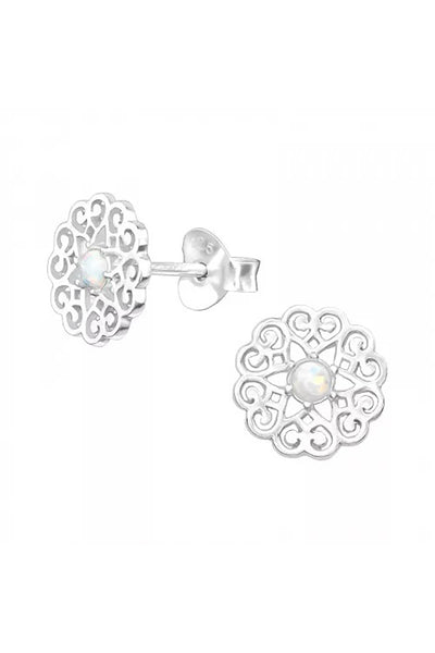 Sterling Silver Filigree Ear Studs With Opal - SS