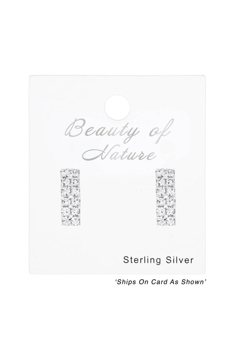 Sterling Silver Bended Rectangle Ear Studs With Crystal - SS