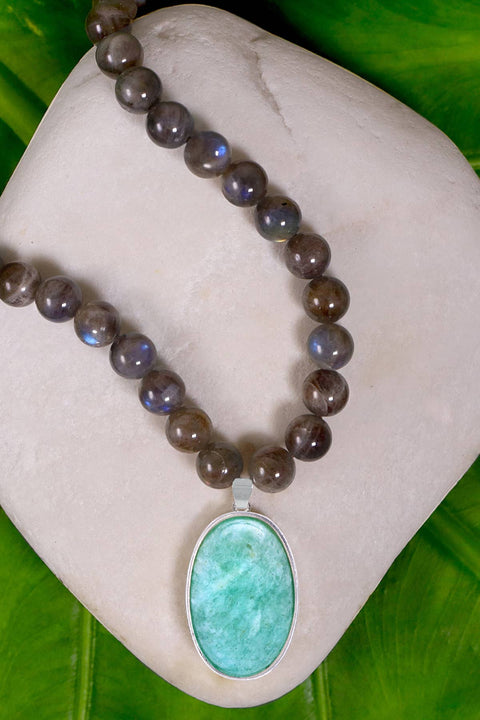 Labradorite Beads Necklace With Amazonite Pendant - SF