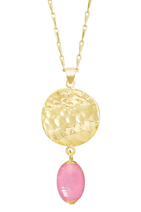 Pink Murano Glass & Hammered Disc Pendant Necklace - GF