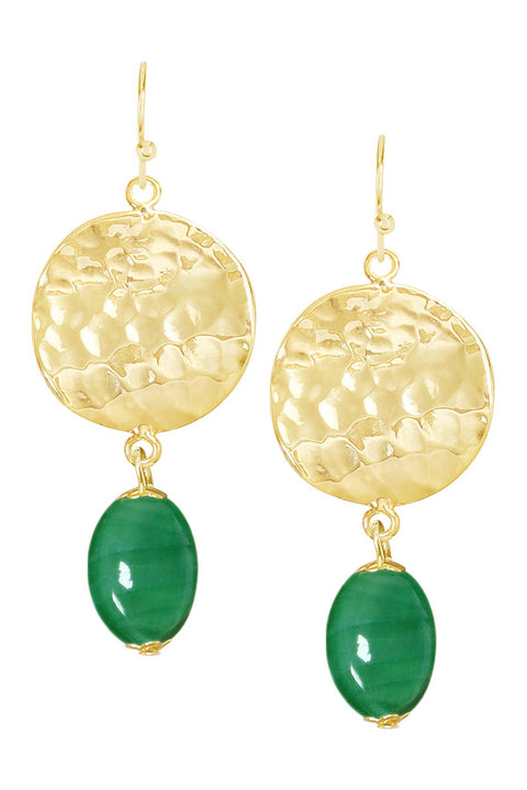 Green Murano Glass & Hammered Disc Drop Earrings - GF