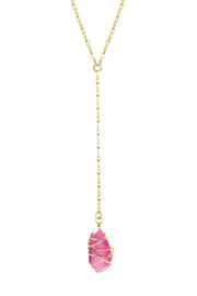 Pink Cat's Eye Wire Wrapped Y Necklace - GF