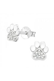Sterling Silver Paw Print Ear Studs With Cubic Zirconia - SS