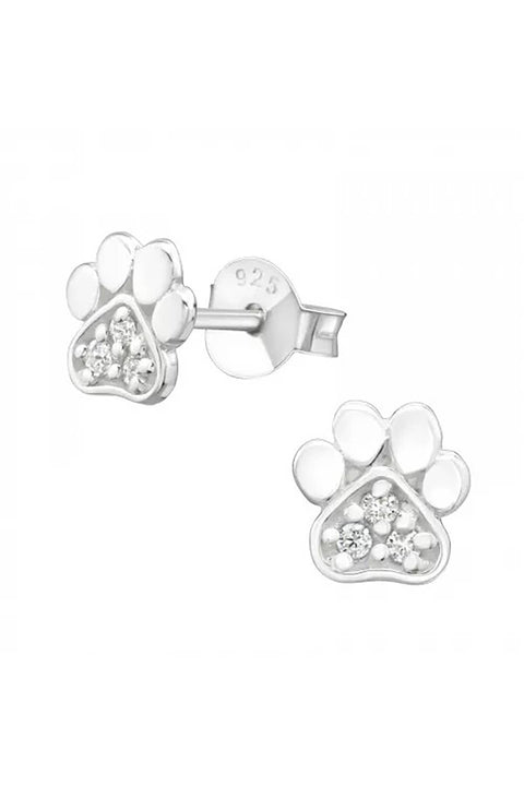 Sterling Silver Paw Print Ear Studs With Cubic Zirconia - SS