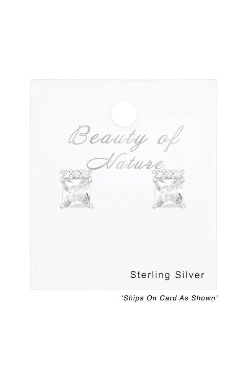 Sterling Silver Square Ear Studs With Cubic Zirconia - SS