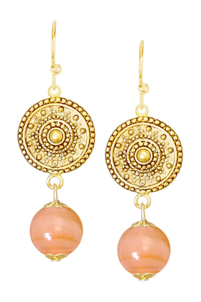 Peach Murano Glass & Mandala Disc Drop Earrings - GF