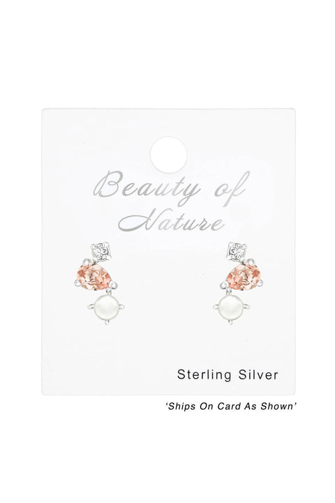 Sterling Silver Geometric Ear Studs & Pearl & Crystals - SS