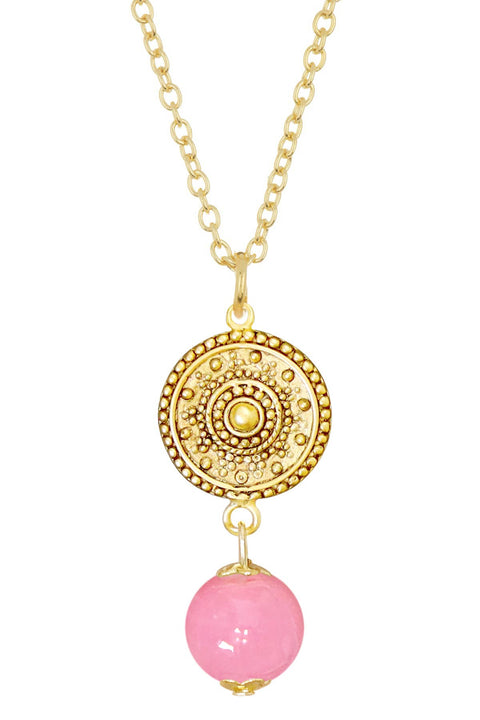 Pink Murano Glass & Mandala Disc Pendant Necklace - GF