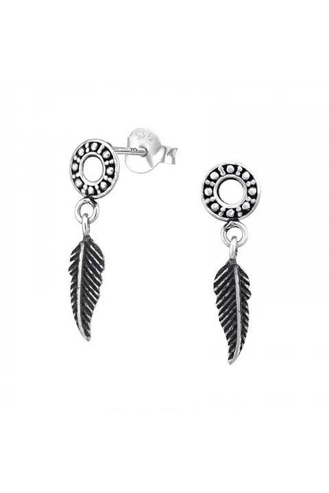 Sterling Silver Circle Ear Studs With Hanging Feather - SS