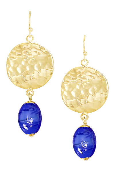 Blue Murano Glass & Hammered Disc Drop Earrings - GF