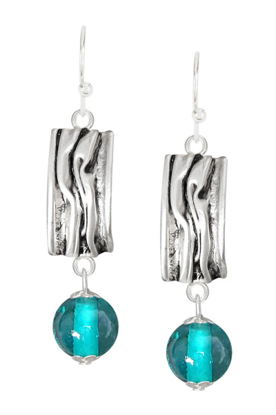 Teal Murano Glass & Textured Rectangle Drop Earrings - SF