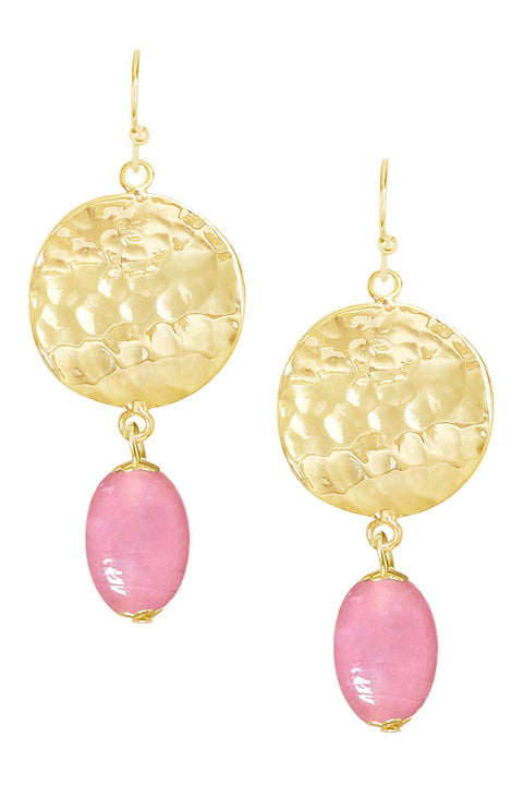 Pink Murano Glass & Hammered Disc Drop Earrings - GF