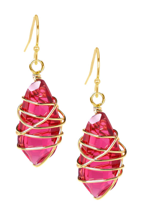 Raspberry Crystal Wire Wrapped Drop Earrings - GF