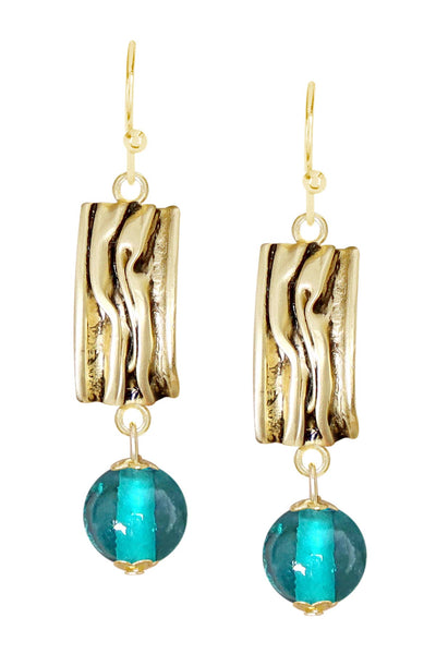 Teal Murano Glass & Textured Rectangle Drop Earrings - GF
