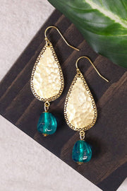 Teal Murano Glass & Hammered Teardrop Earrings - GF