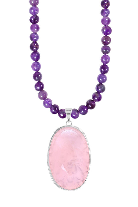 Amethyst Beads Necklace With Rose Quartz Pendant - SF