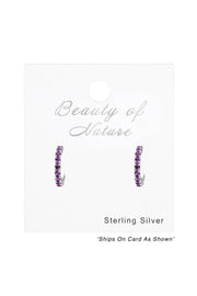 Sterling Silver Semi Hoops Ear Studs With Crystal - SS