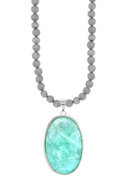 Gray Druzy Quartz Beads Necklace With Amazonite Pendant - SF