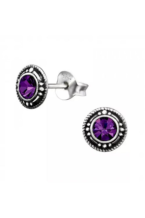 Sterling Silver Round Ear Studs With Crystal - SS