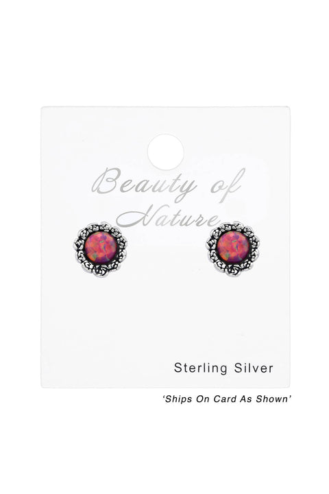 Sterling Silver Flower Ear Studs With Opal - SS