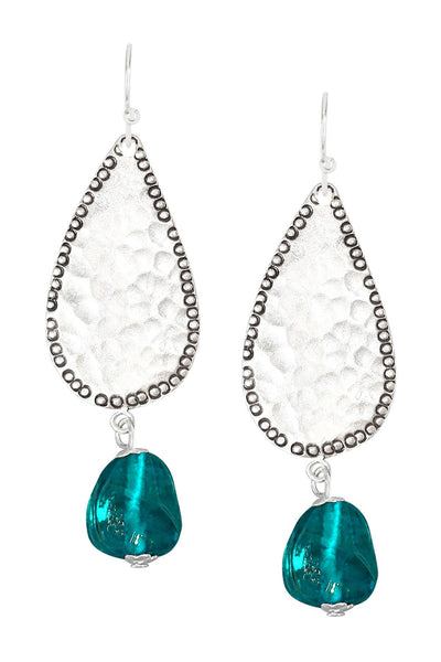 Teal Murano Glass & Hammered Teardrop Earrings - SF